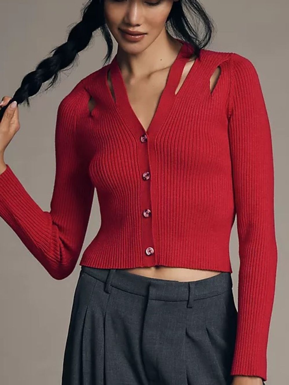 By Anthropologie Women’s V-neck Strappy Cardigan Sweater Red Ribbed Size S